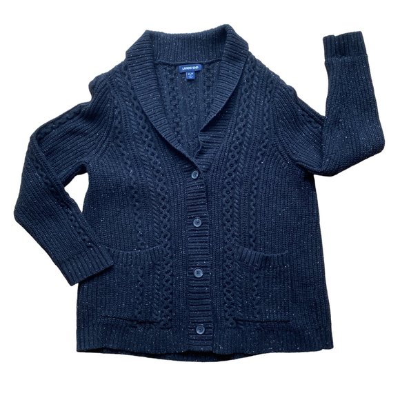 Lands' End Cable Knit Fisherman Sweater Wool Blend Shawl Grandpa Cardigan-XL/P18 - Picture 1 of 6